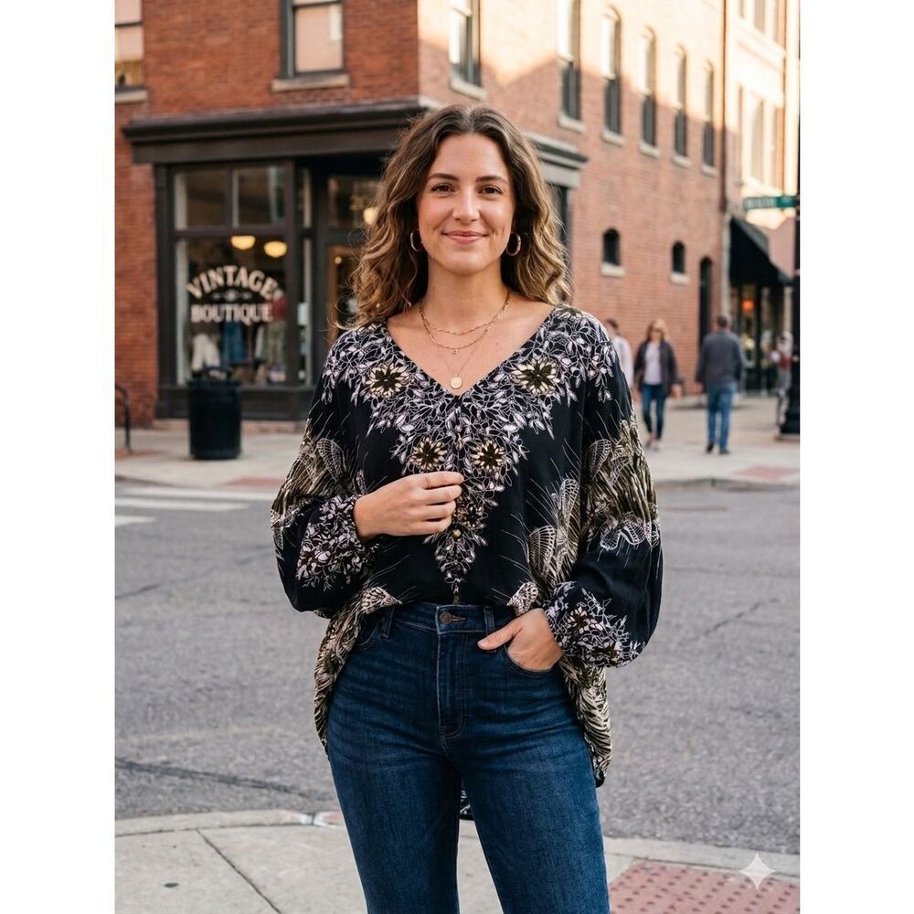 Free People Boho Floral Bird Print Blouse Black Bell Sleeve Peasant Top Small